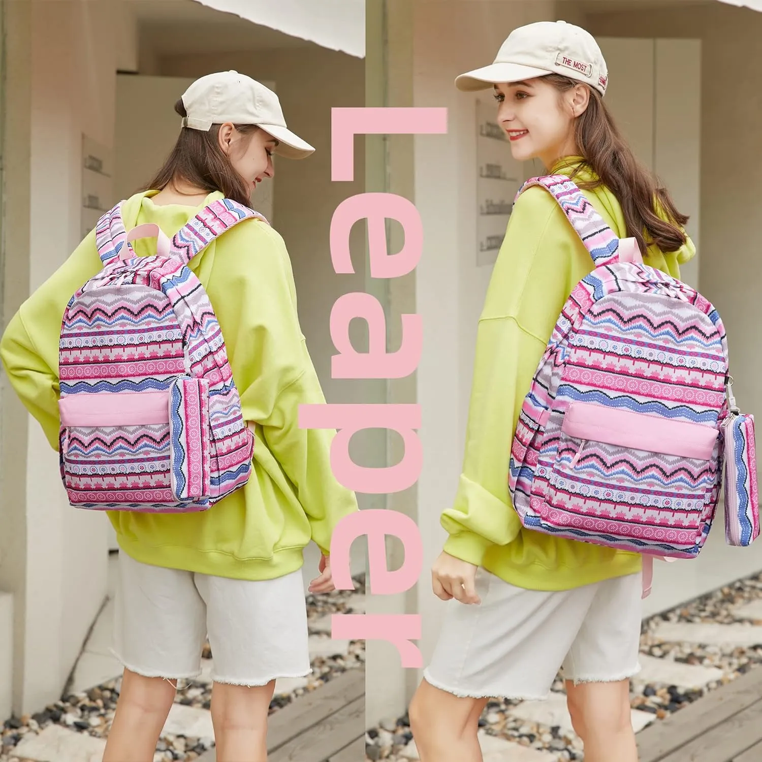 Leaper Geometric Stripe Laptop Backpack Bag Lunch Bag Pencil Bag Set (Black-2116-3)
