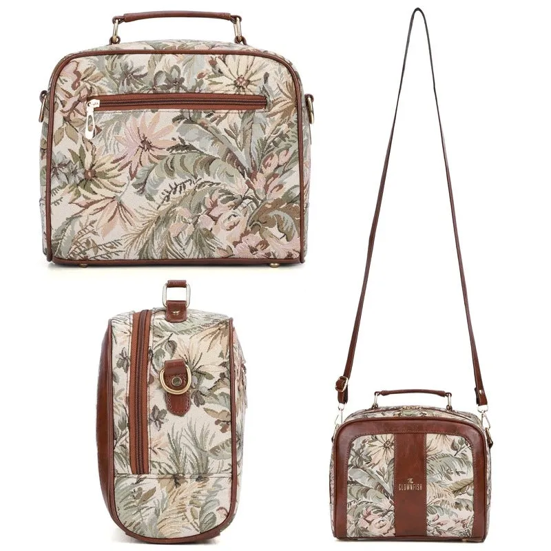THE CLOWNFISH Combo Of Elsie Series Tapestry Crossbody Sling Bag Single Shoulder Bag & Aria Collection Tapestry Fabric Zip Around Style Womens Wallet Ladies Clutch (Beige)